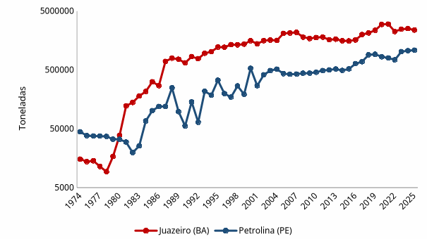 Figura 5 – Quantidade produzida em toneladas de produtos
selecionados em Petrolina e Juazeiro